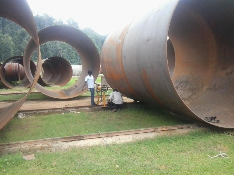 Large fabricated pipe sections under inspection